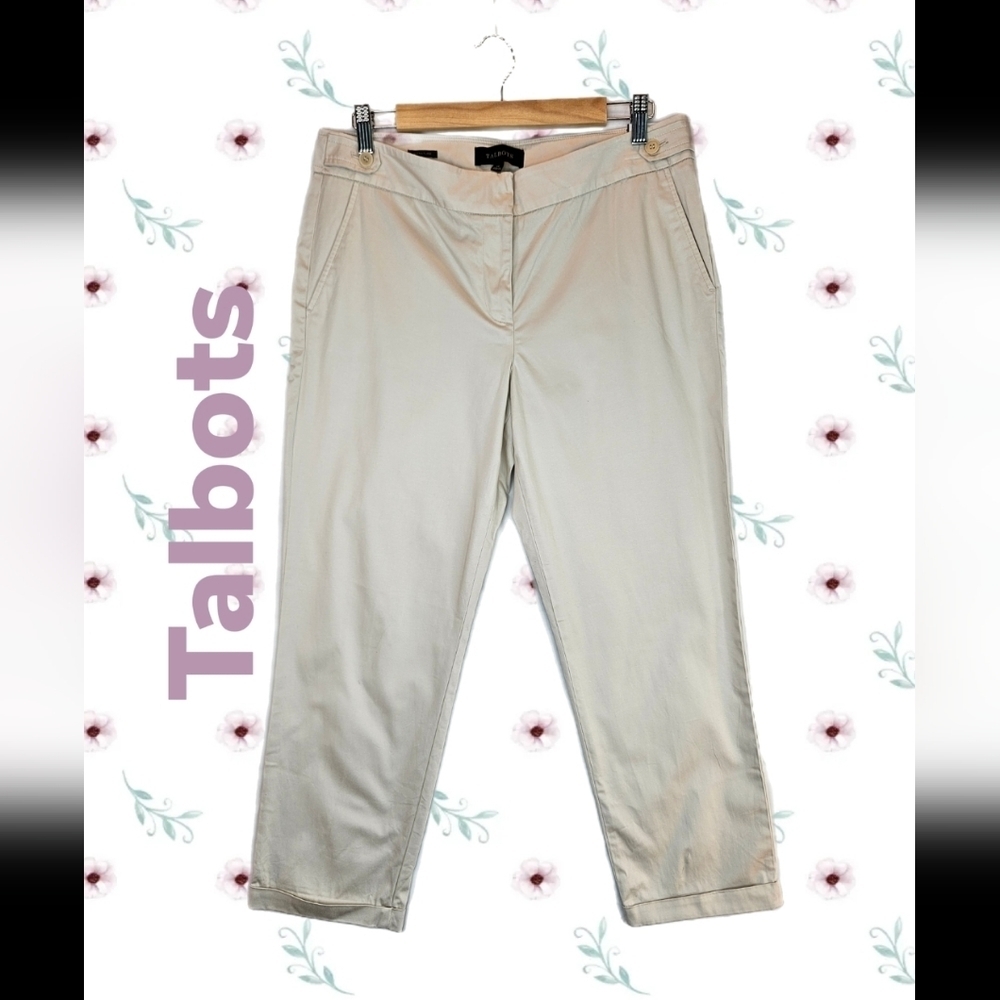 Talbots Signature Womens Ivory Straight Leg Slacks Sz 12 Cuff at Hem, Stretch